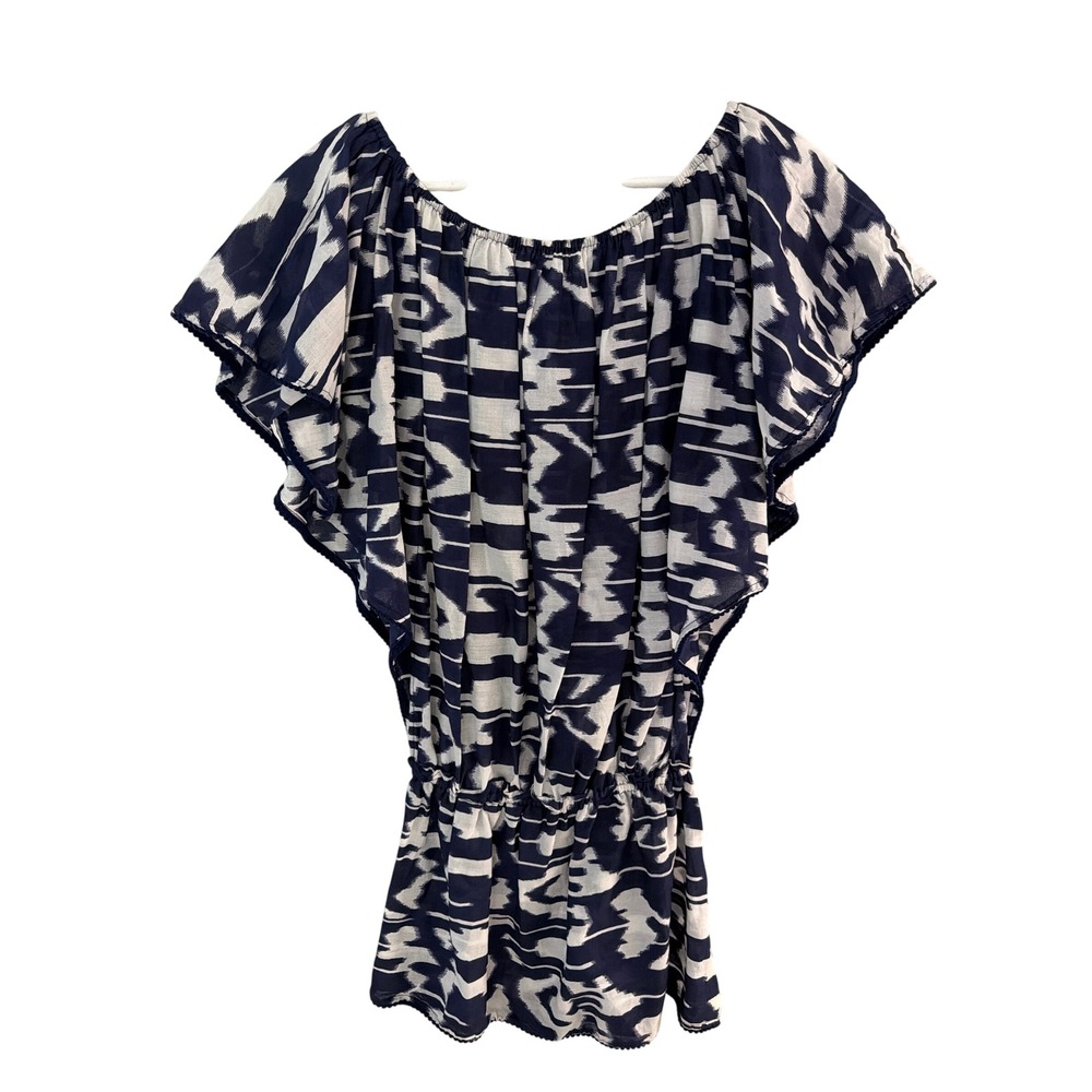 Debbie Katz South Beach Ikat Print Cotton Top Navy Blue White XS Elastic Waist